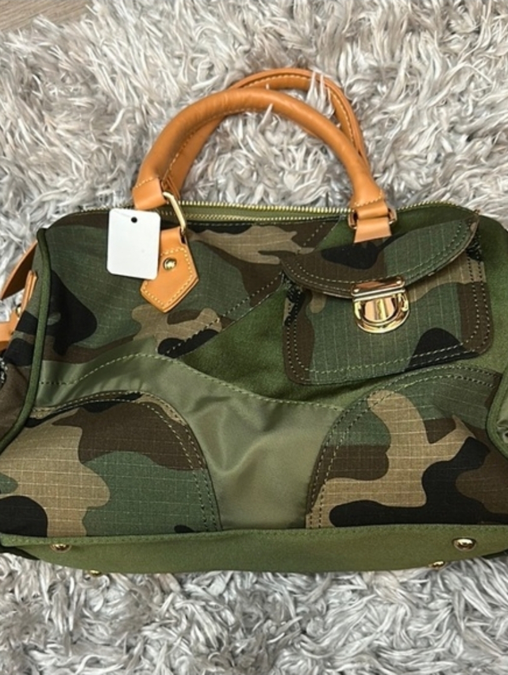 Fashion Nova Green and Tan Duffel Bag with Camouflage Design